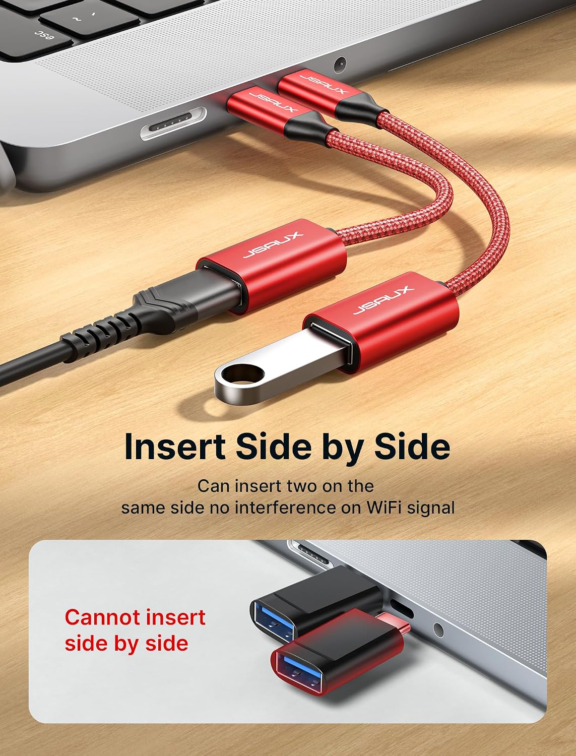 Detalle 2 de JSAUX CD0019 USB-C to USB 3.0 OTG Adapter, 2-Pack, 5Gbps, Red