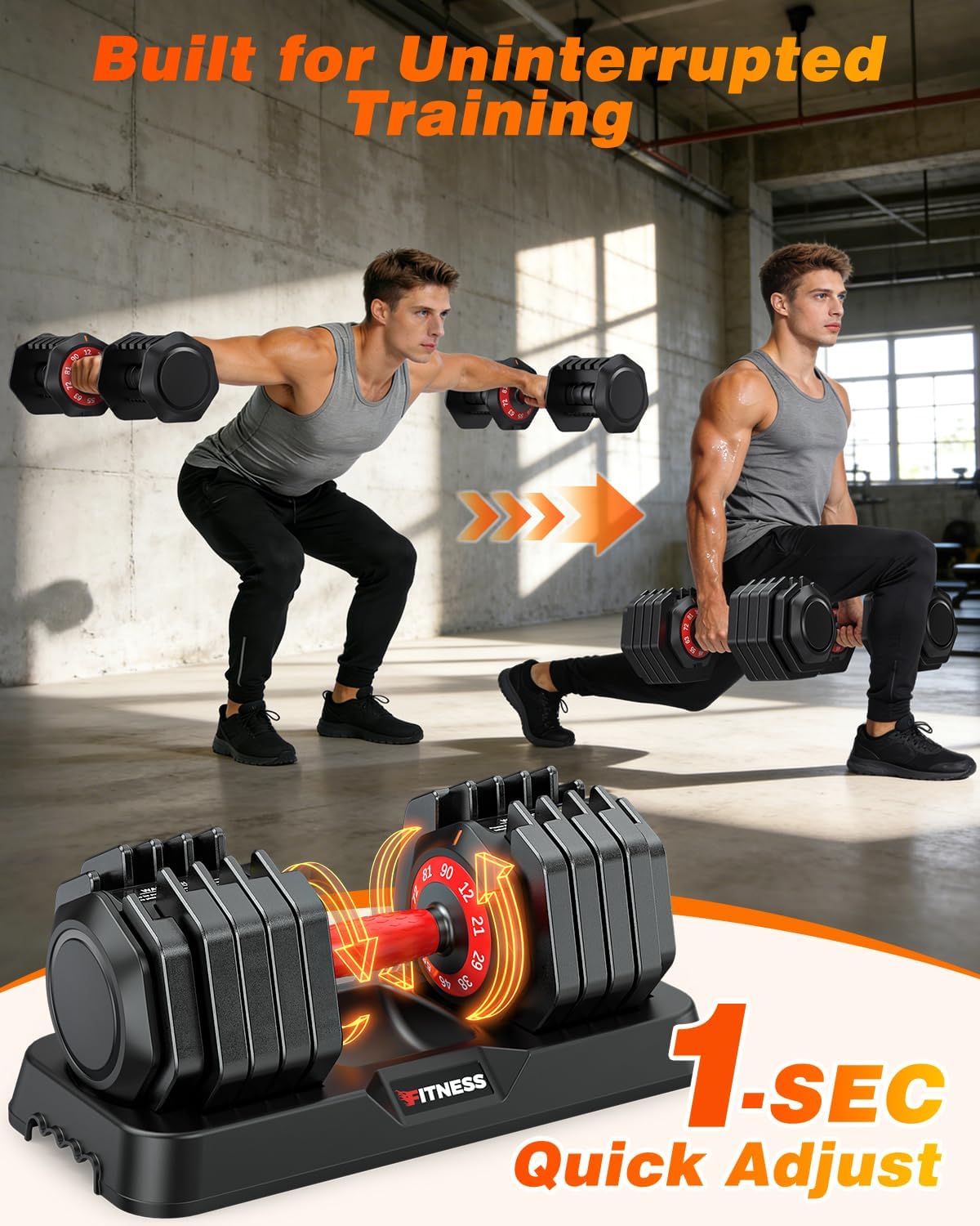 Detalle de XDDIAS Adjustable Dumbbell Set, 90 lb Pair with One-Hand Selector and Tray