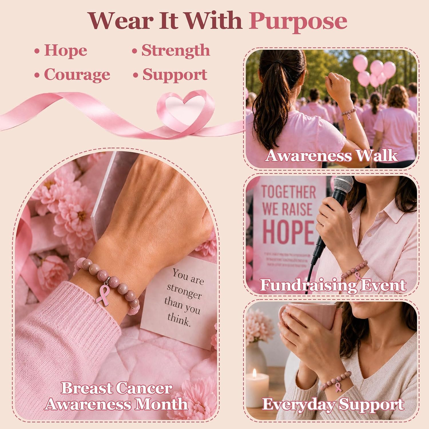 Detalle 2 de Pink Ribbon Bracelet with Natural Stone Beads