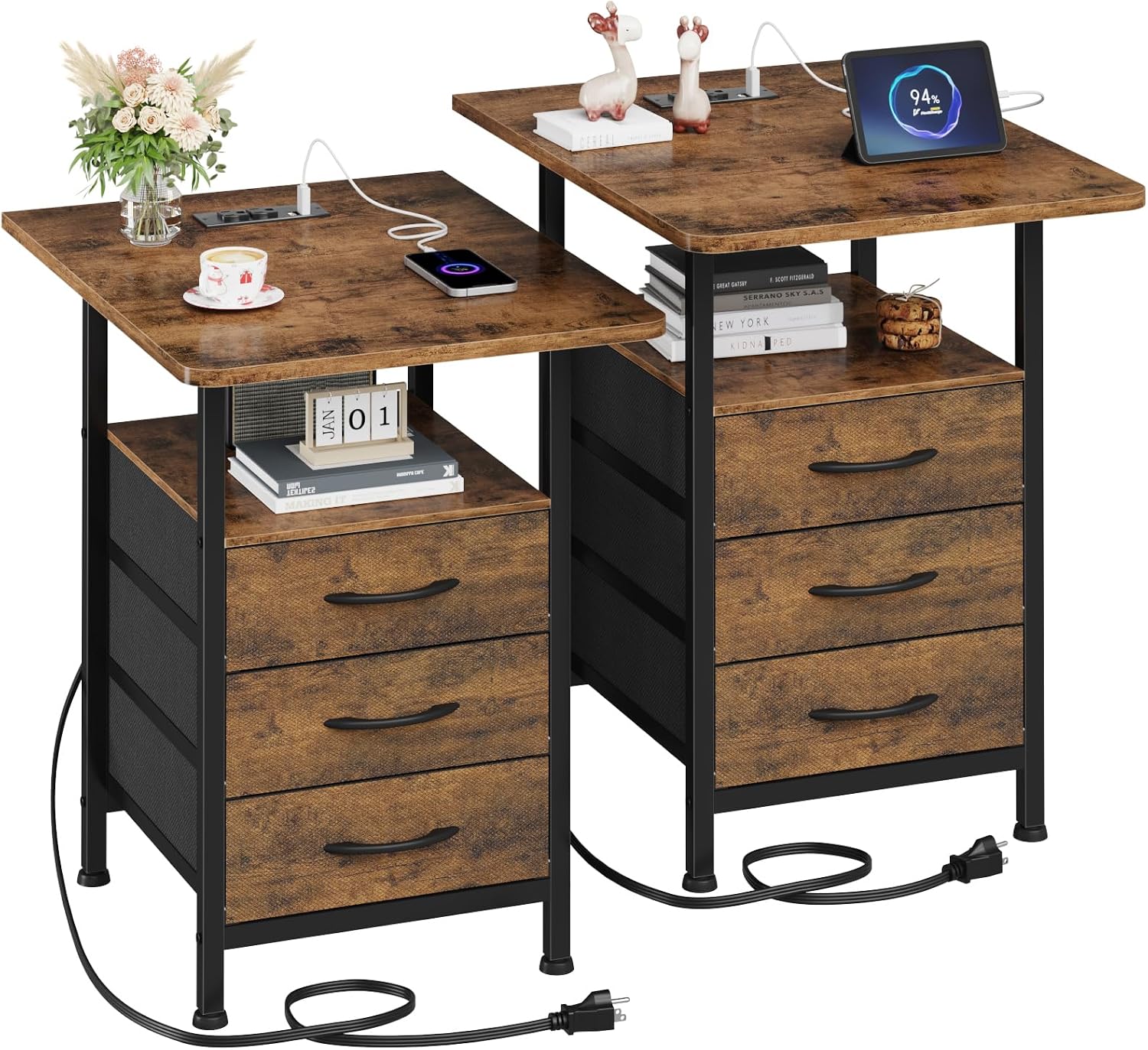Detalle de GYIIYUO Nightstand Set of 2 with 19-inch Tabletop and Charging Station