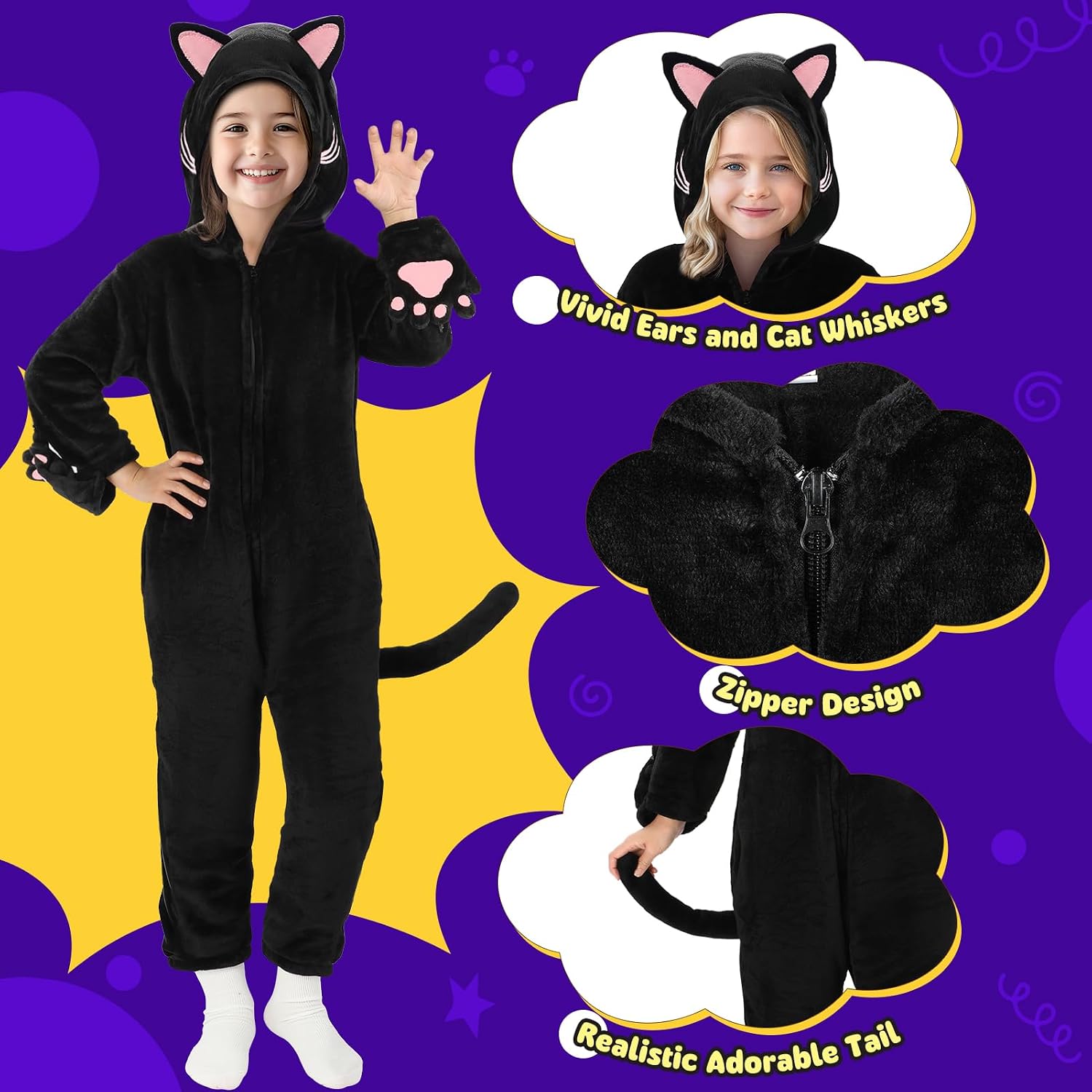 Detalle de Joycover Black Cat Costume Onesie for Girls with Hood, Tail and Paw Gloves