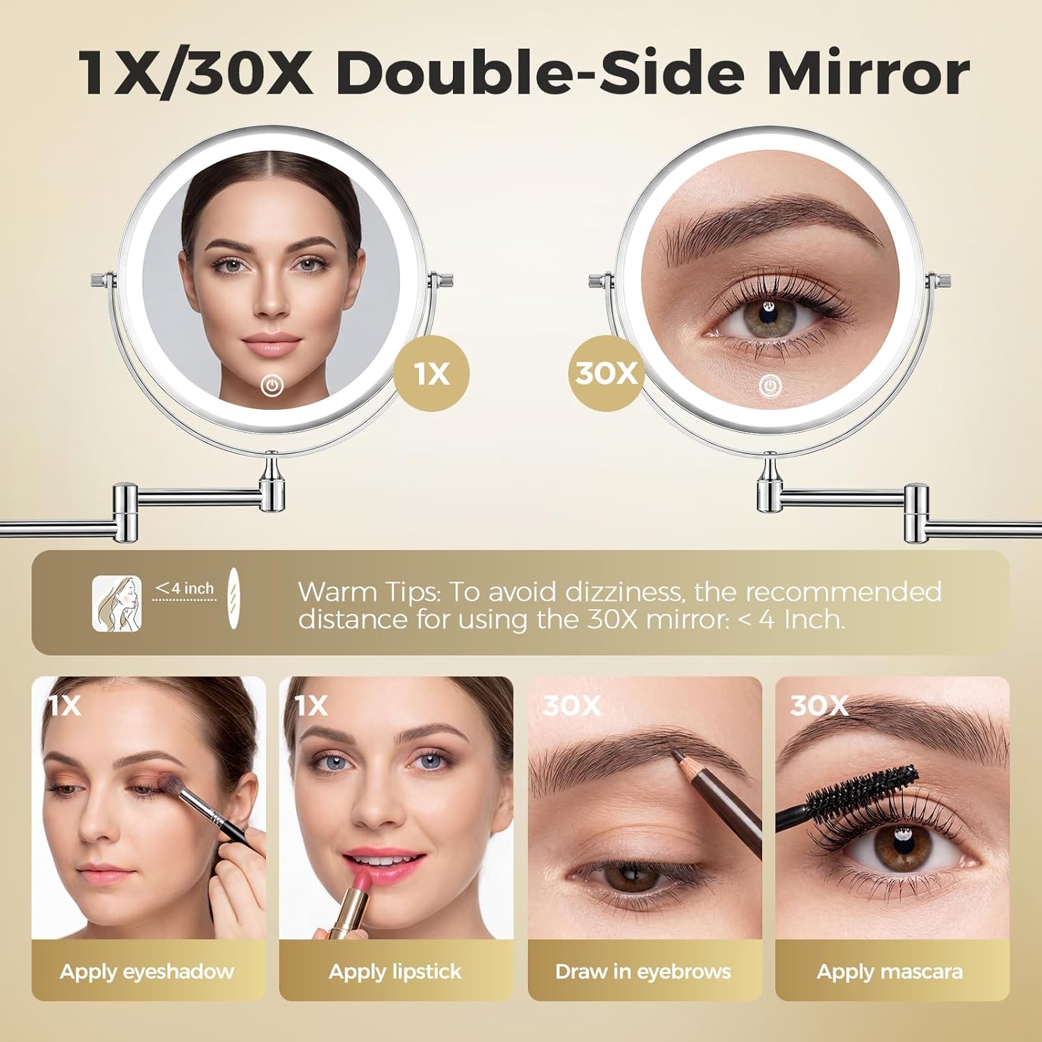 Thumbnail 4 de tubbede Wall-Mounted Makeup Mirror, 8-Inch, 1X/30X LED, Rechargeable 4000mAh