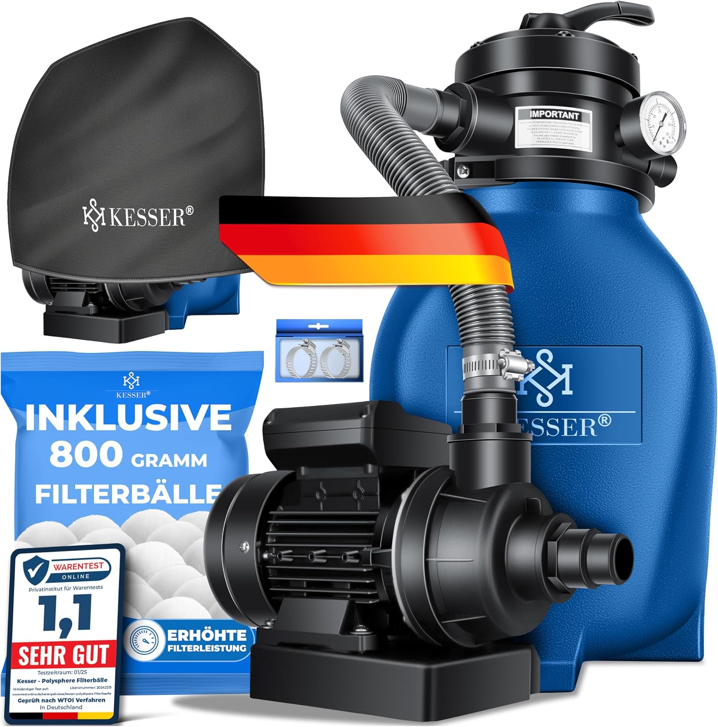 Detalle de KESSER Sandfilteranlage mit 10.200 l/h – inklusive 800 g Filterbälle und 25 kg Filtersand, 4-Wege-Ventil, blau
