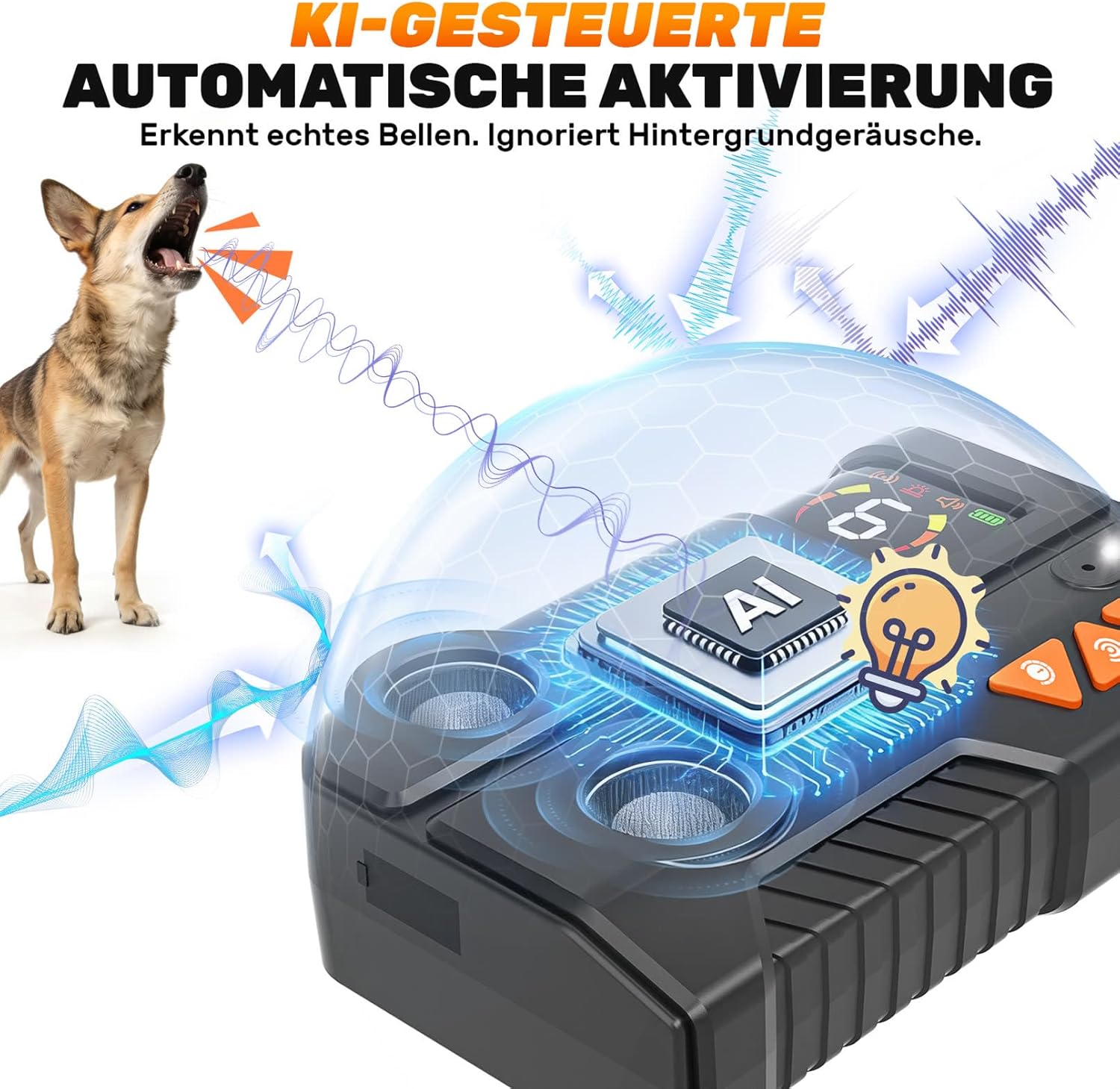 Detalle 2 de Anti Bell Gerät für Hunde mit AI-Erkennung – Ultraschall-Hundeabwehr mit 2 Sendern, 6 Empfindlichkeit & 3 Intensität, IPX6, wiederaufladbar