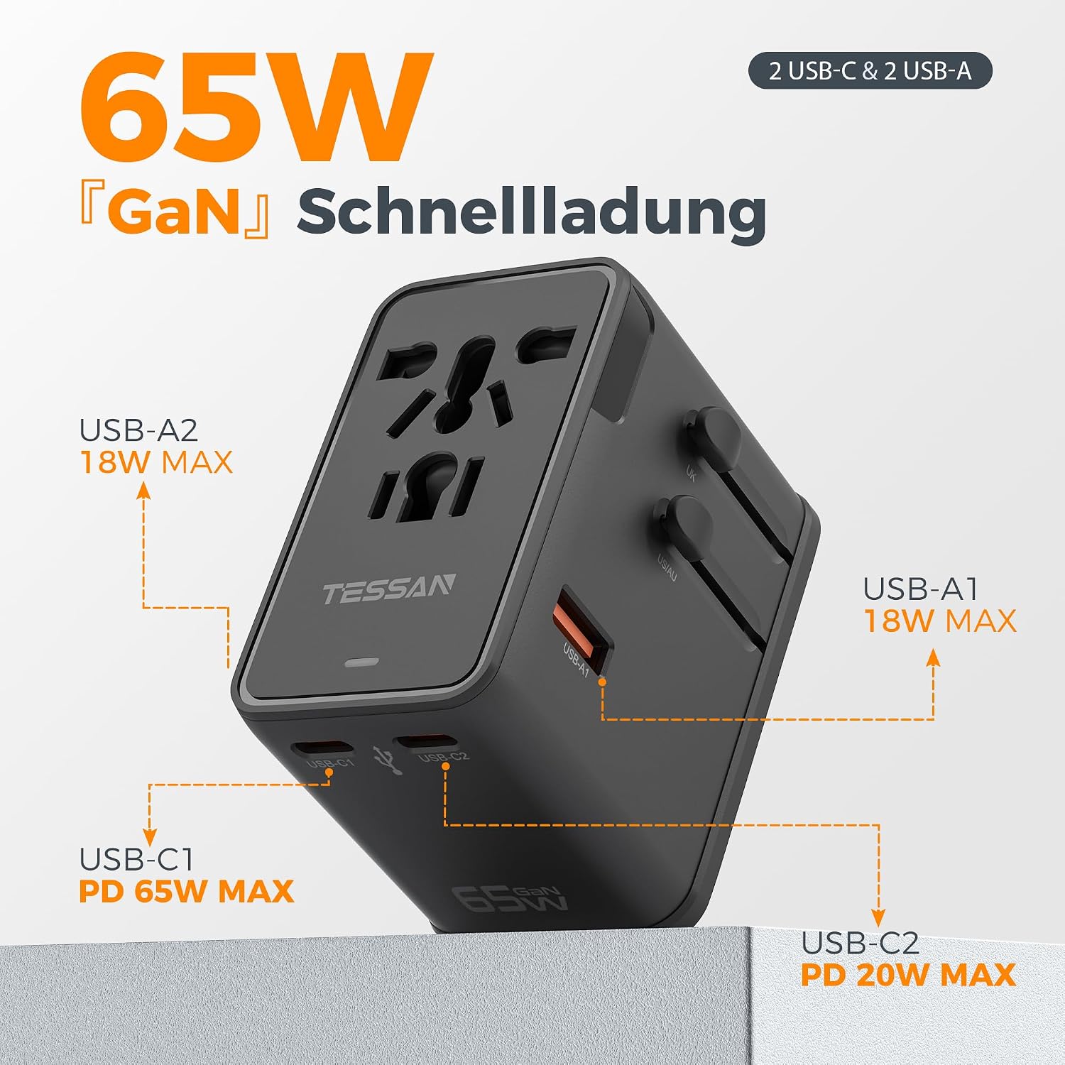 Detalle 2 de TESSAN 65W GaN Reiseadapter für Welt