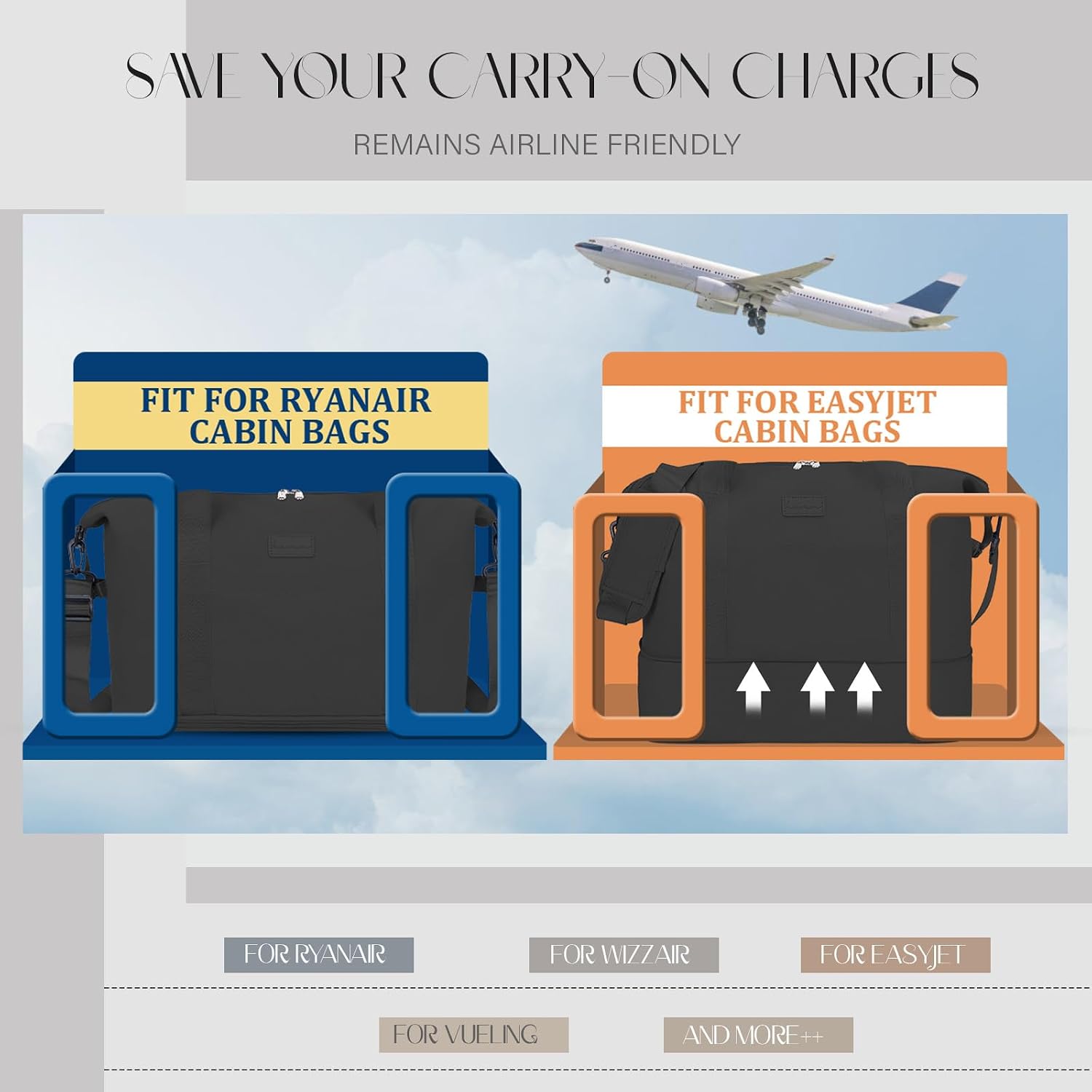 Detalle de Hayayu expandable convertible cabin bag for Ryanair & EasyJet (40x30x20 / 45x36x20)