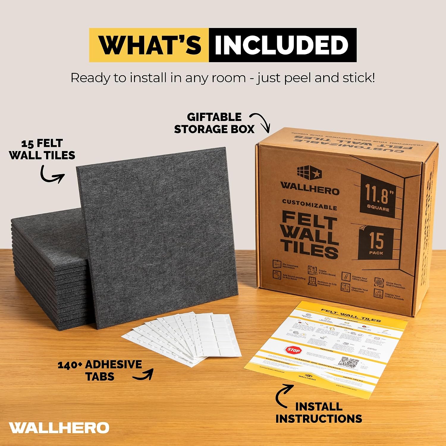 Detalle de WallHero 15x_12inch Felt Bulletin Board Tiles, 15-Pack, Charcoal