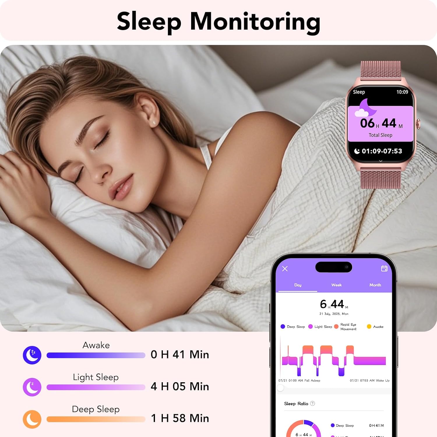 Thumbnail 5 de Montre connectée femme doré rose avec appel Bluetooth et écran HD 1,85" (Da Fit) – Fitness tracker cardio SpO2