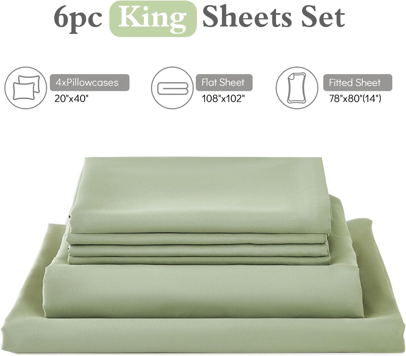 Thumbnail 6 de ILAVANDE Sage King Size Sheets Set 6-Piece: Ultra-Soft Microfiber with Deep Pockets