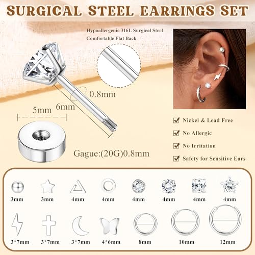 Detalle 2 de Diamday: 15 Pares de Pendientes de Acero Quirúrgico para Mujer – Aros Dorados y Piercings de Cartílago