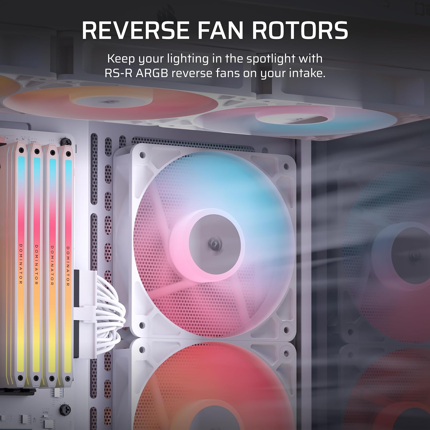 Detalle de Corsair RS120-R ARGB – 3 białe wentylatory 120 mm PWM z odwróconymi łopatkami