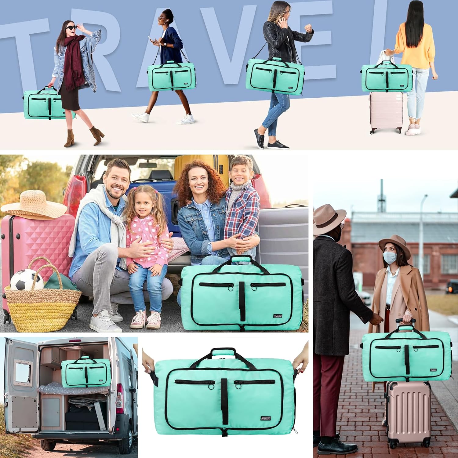 Detalle de Fmeida Reisetasche 65L (faltbar) mit Schuhfach – Duffle Bag & Kliniktasche in Mintgrün