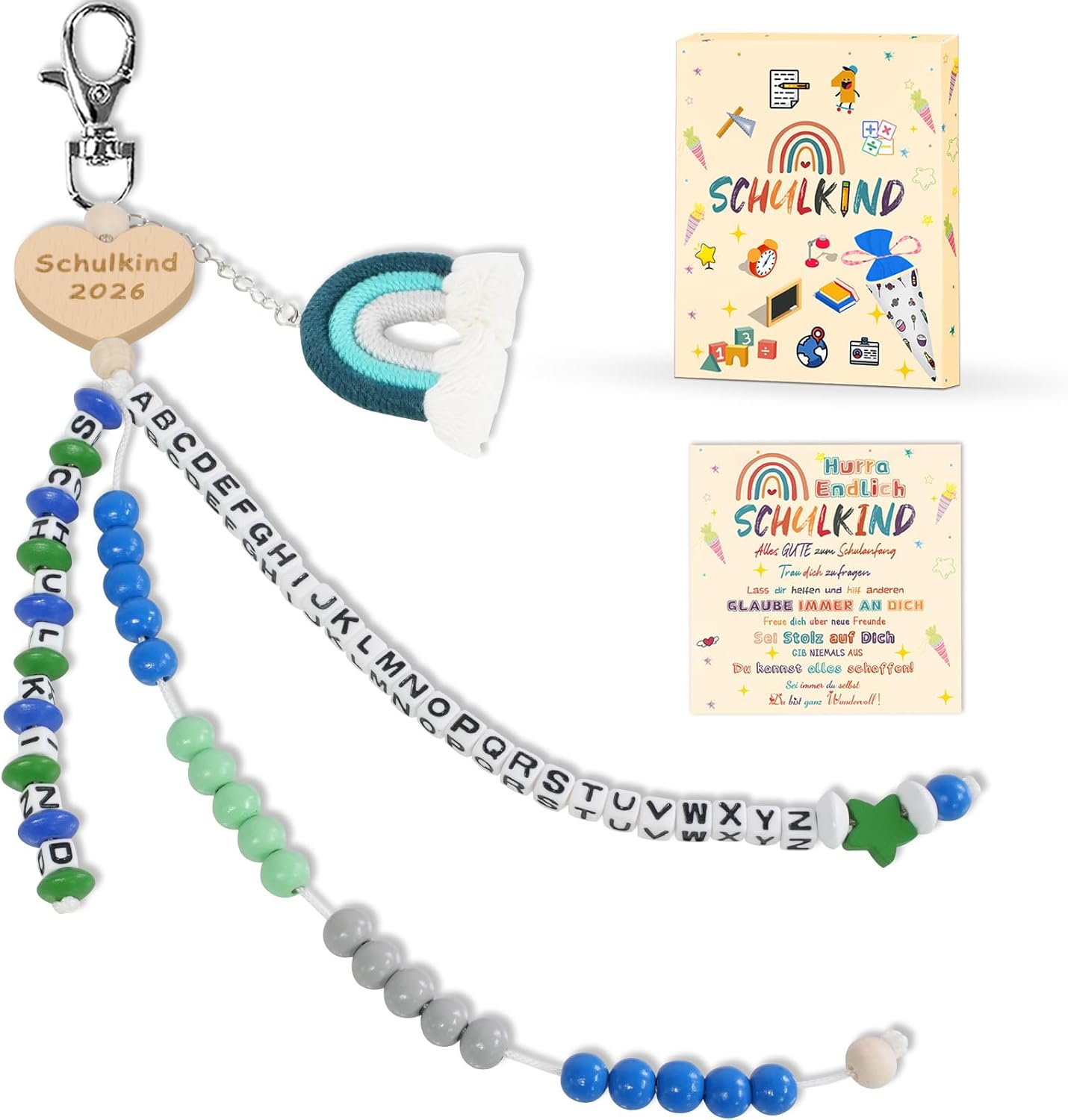 KUPITM6 Rechenkette Geschenk Einschulung Junge – Glücksbringer Schulstart-Set mit Grußkarte und Geschenkbox