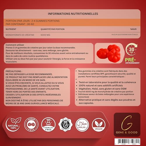 Thumbnail 6 de Gene & Good Créatine Monohydrate 5000 mg – 120 Gummies Véganes & Halal, Arôme Baies