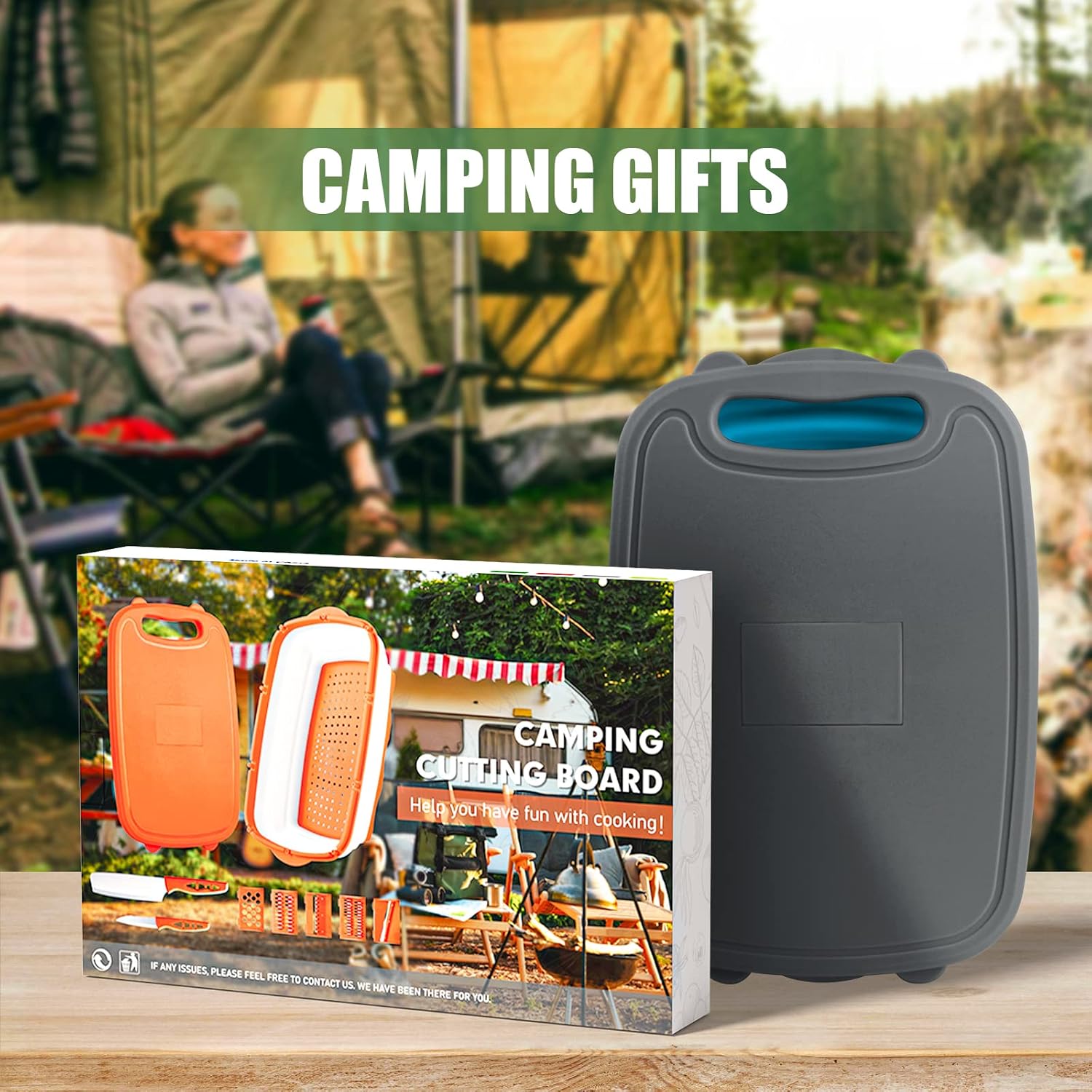 Detalle 2 de HI NINGER 9-in-1 Multifunktionales Camping-Schneidebrett – faltbares Küchenhelfer mit 5 Gemüseschneidern, 2 Messern & Abtropfkorb