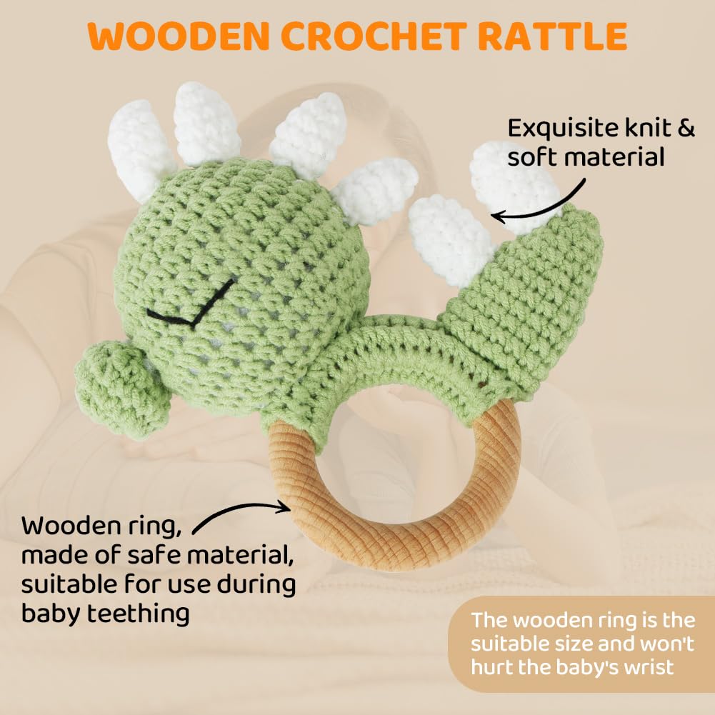 Detalle de Vicloon Greifring aus gehäkeltem Holz—Babyrassel mit Dinosaurier-Design, 0 Monate