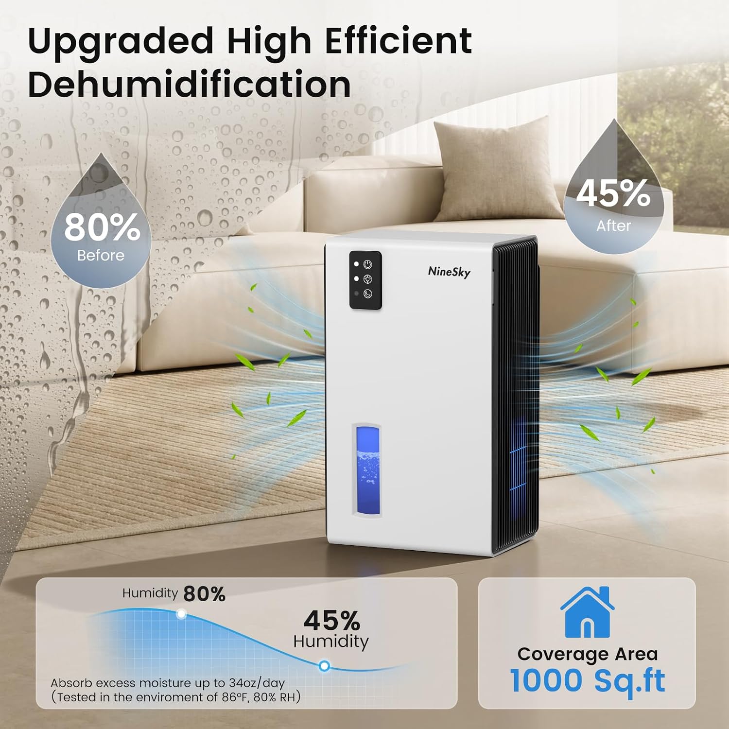 Detalle de NineSky 1000 Sq Ft Dehumidifier with 95oz Tank, Quiet Operation, Auto Shut-Off, and 7-Color Ambient Light