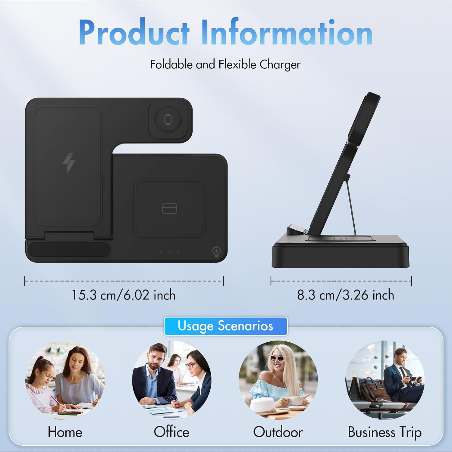 Detalle 2 de 3 in 1 Wireless Charging Station for iPhone, AirPods Pro 4/3/2 and Apple Watch – Foldable Travel Dock (Black)