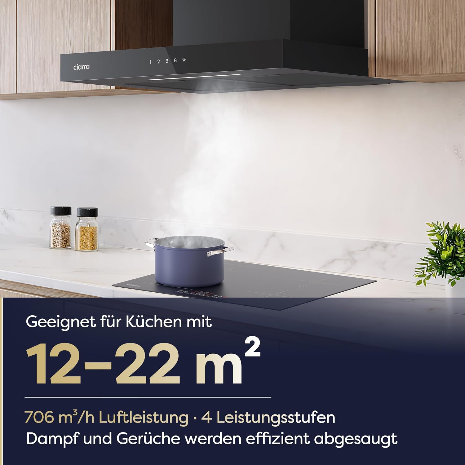 Detalle de CIARRA CBCB6102 Dunstabzugshaube 60 cm – A+++, WLAN App, SensorTouch, 706 m³/h, Schwarz