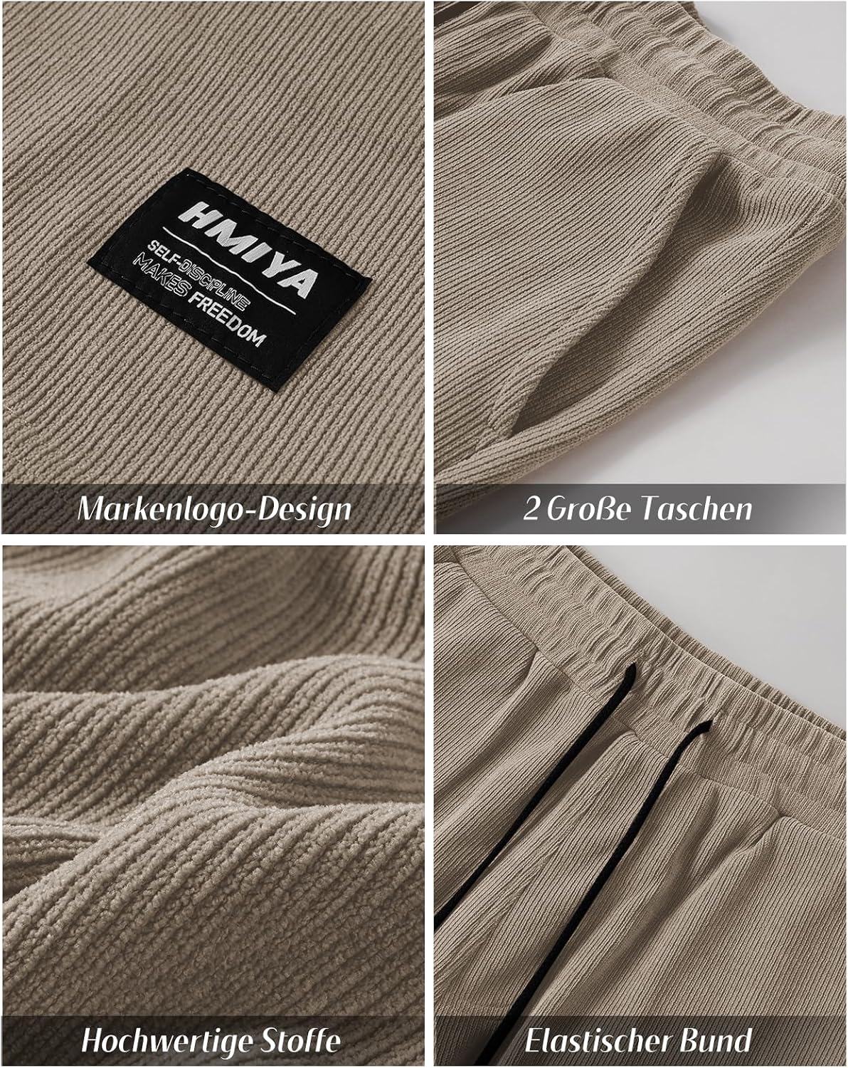 Detalle 2 de HMIYA Corduroy Shorts Herren – Sommerfreizeit mit elastischem Bund, zwei Fronttaschen und Baumwoll-Cord