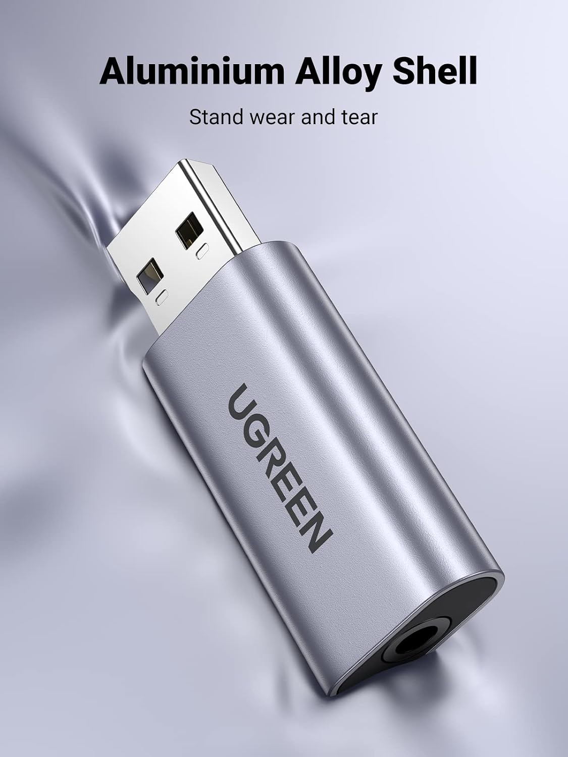 Detalle de UGREEN USB-A naar 3,5mm-audioadapter met gecombineerde TRRS-aansluiting