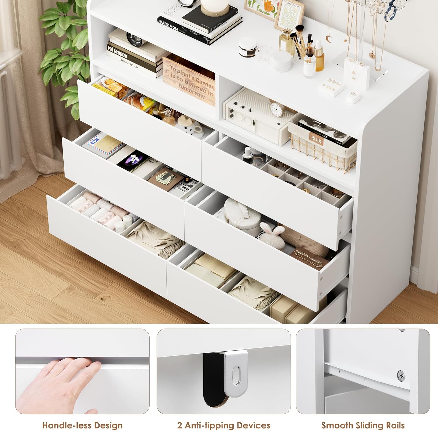 Detalle 1 de FOREHILL P695697 Chest of Drawers, 6 Drawers, 2 Open Compartments, White