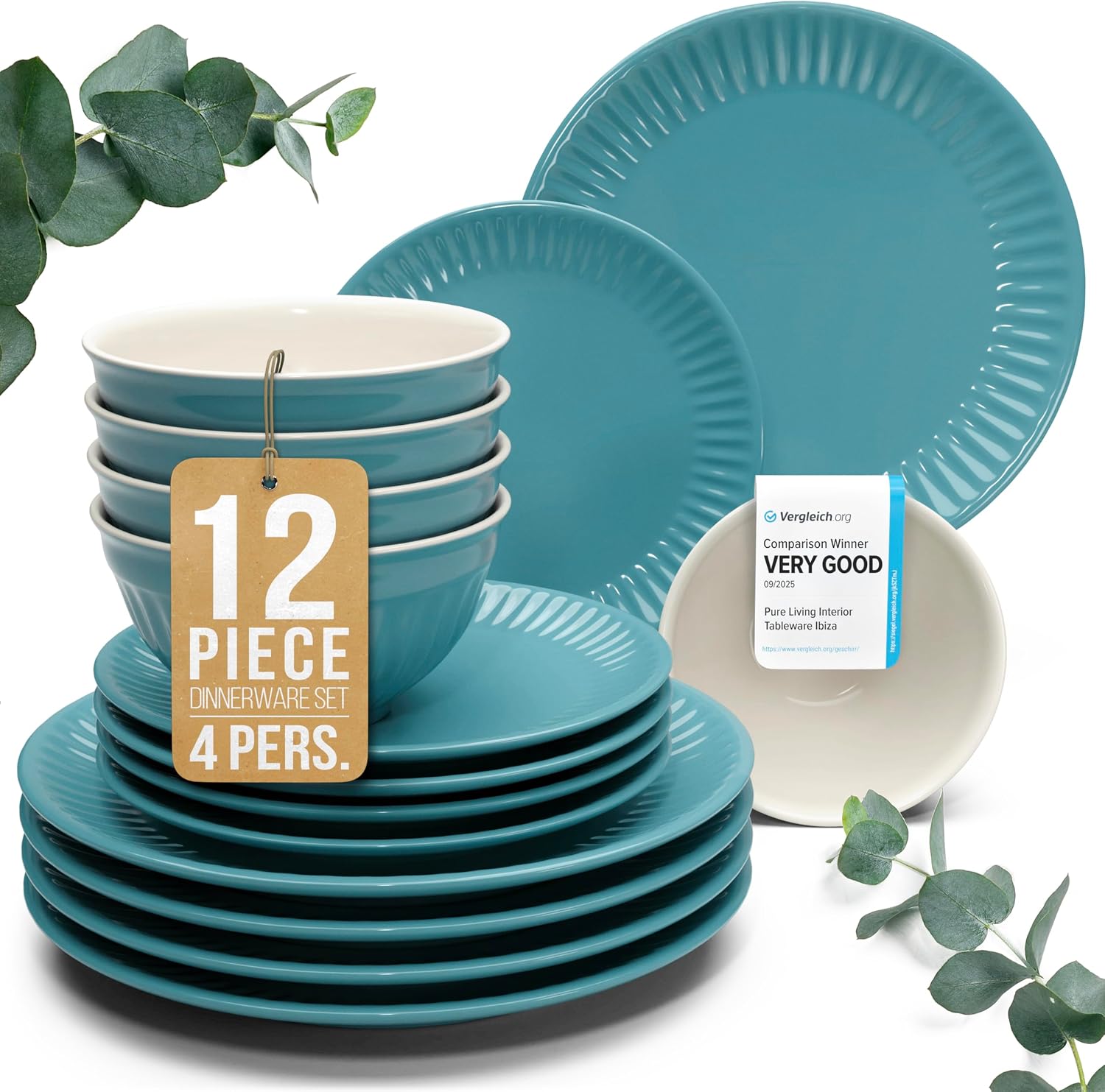 Detalle de Stoneware Dinnerware Set for 4: HYGGE 12-Piece by Pure Living in Green