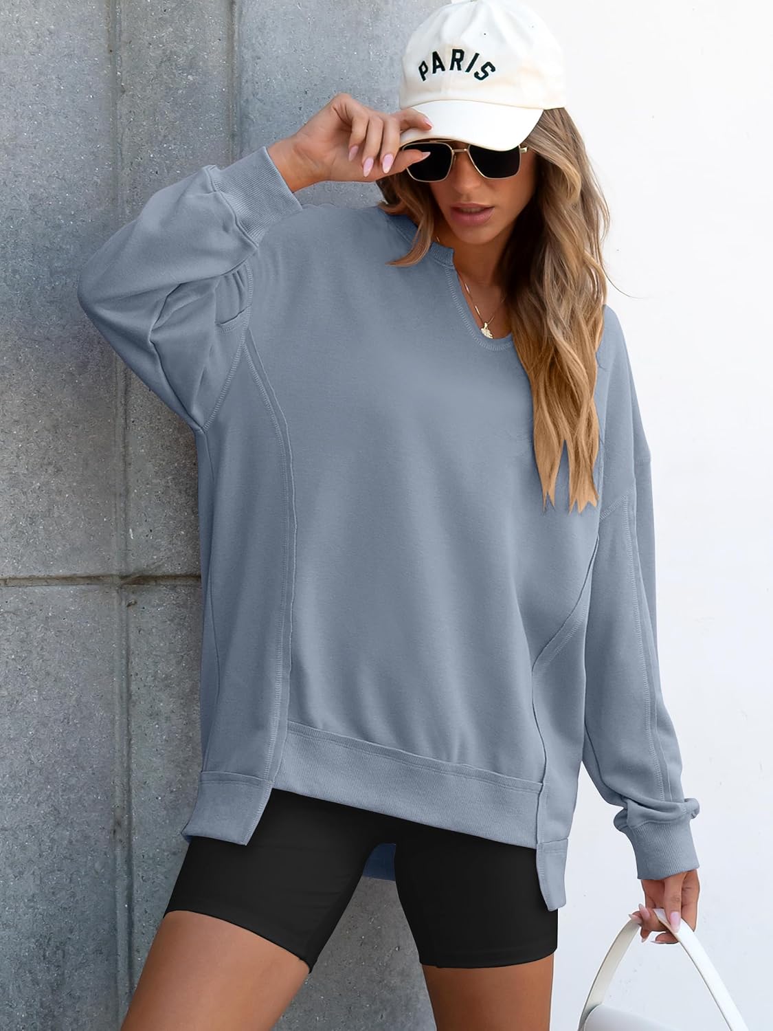 Detalle de ANRABESS Women's Oversized V-Neck Sweatshirt with Patchwork and Longer Hem