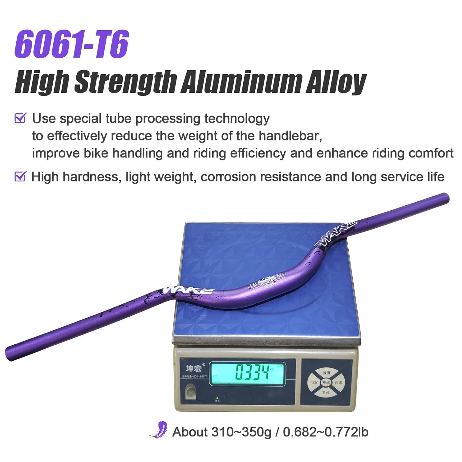 Detalle de Wake Bike Handlebar 31.8mm x 780mm Extra Long Wide Riser Bar – 6061-T6 Aluminium, Purple