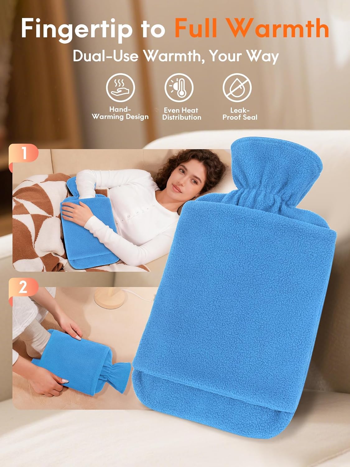 Thumbnail 4 de MUPAS Wärmflasche mit Vliesbezug, 2 Liter – Hot Water Bag mit Känguru-Tasche (Hellblau)