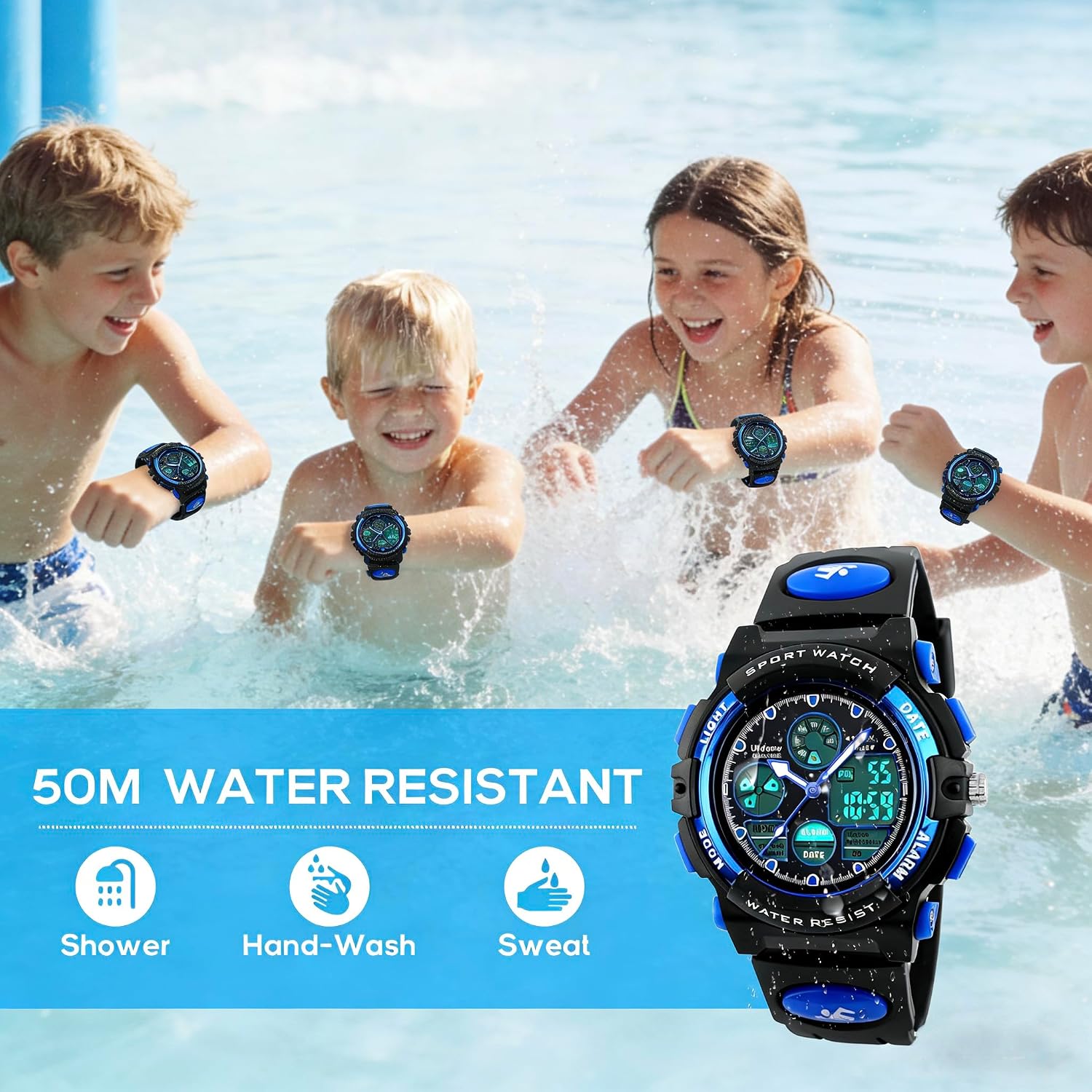 Detalle de Urdesw Kids Digital Waterproof Watch for 6-15 Year Olds – Dual Time, Alarm, 50M Water Resistant