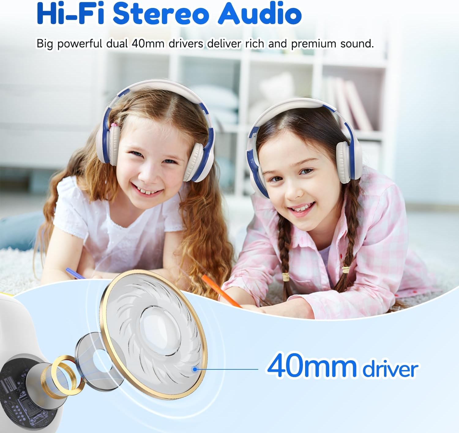 Detalle 2 de EarFun Bluetooth-Kopfhörer für Kinder (85/94 dB) mit HD-Mikrofon, bis zu 40 Std. Akku und faltbarem Design – Weiß