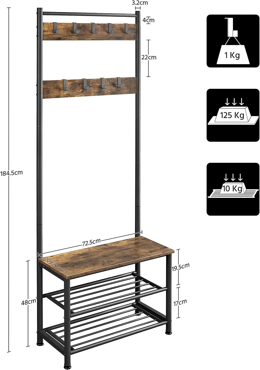 Detalle de Yaheetech Appendiabiti 3 Ripiani con Scarpiera Vintage, 185 cm – Porta Cappotti e Scarpe in Legno MDF E1
