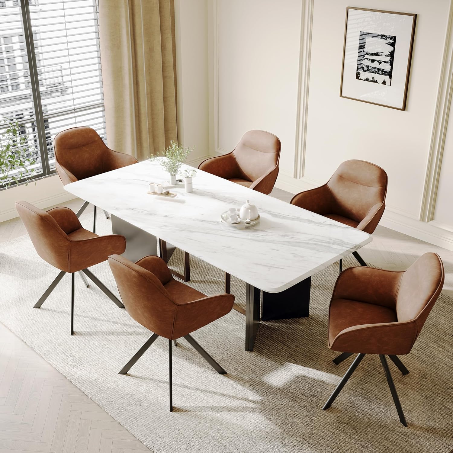 Thumbnail 1 de Goeurvant Drehstuhl Esszimmer – 4er-Set, Kunstleder, 360° Drehung, Metallbeine, braun