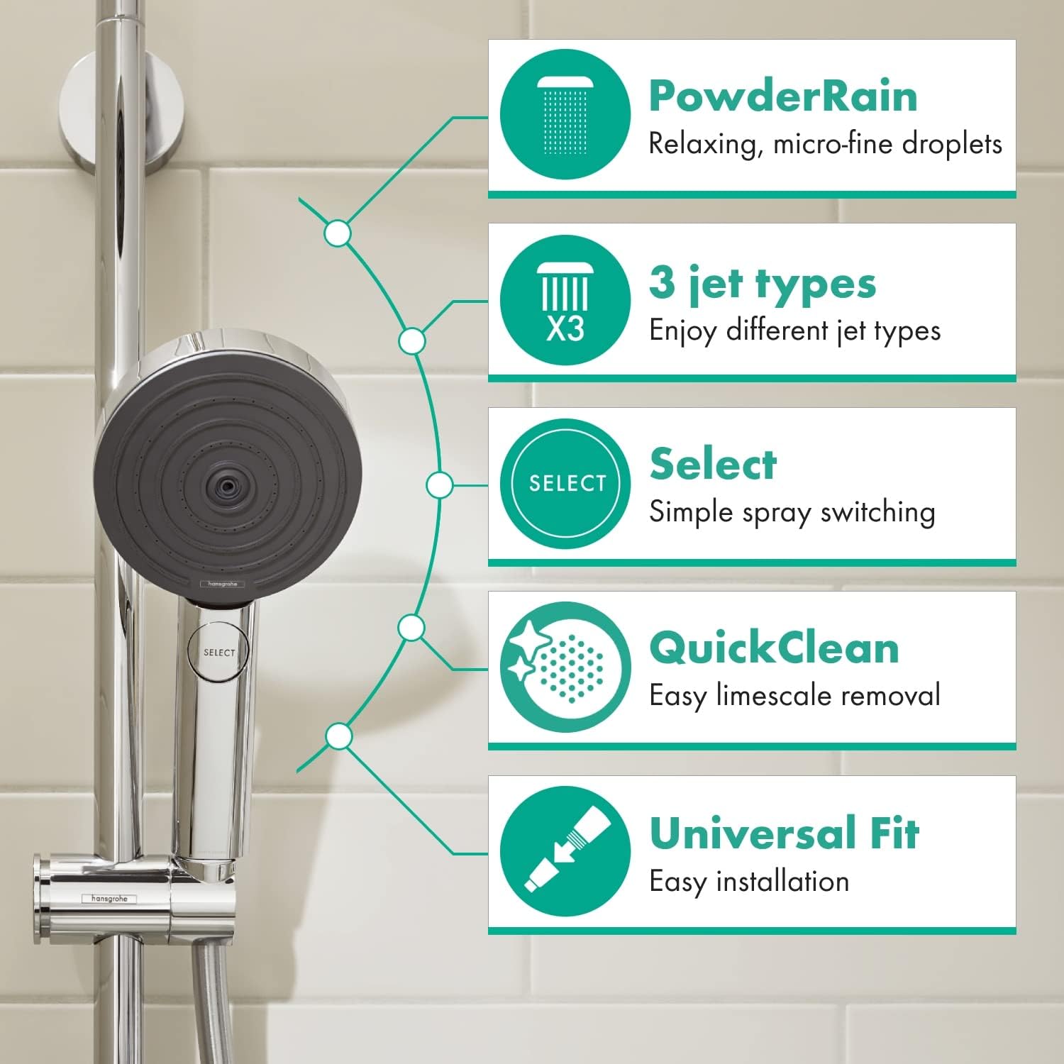 Detalle de Hansgrohe Pulsify Select S Duschkopf – 3 Strahlarten, 105 mm, Antikalk, Chrom