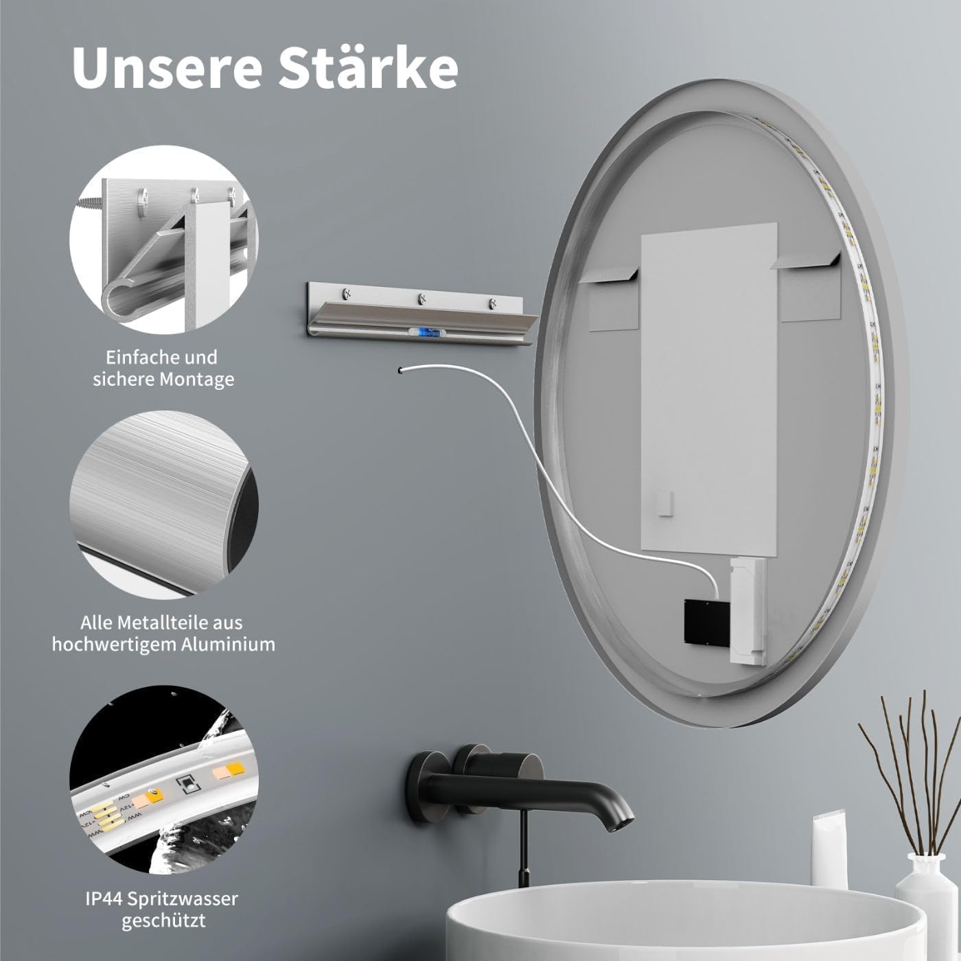 Thumbnail 5 de ApeJoy Specchio da Bagno Rotondo LED 60 cm, Cornice Nera con Anti-Appannamento e Memoria