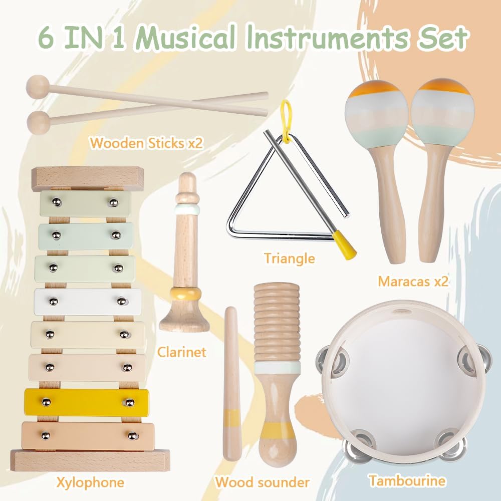 Thumbnail 1 de Baby Musical Instruments Montessori Wooden Toys Set (Neutral Colors) with Xylophone for Toddlers 1–3