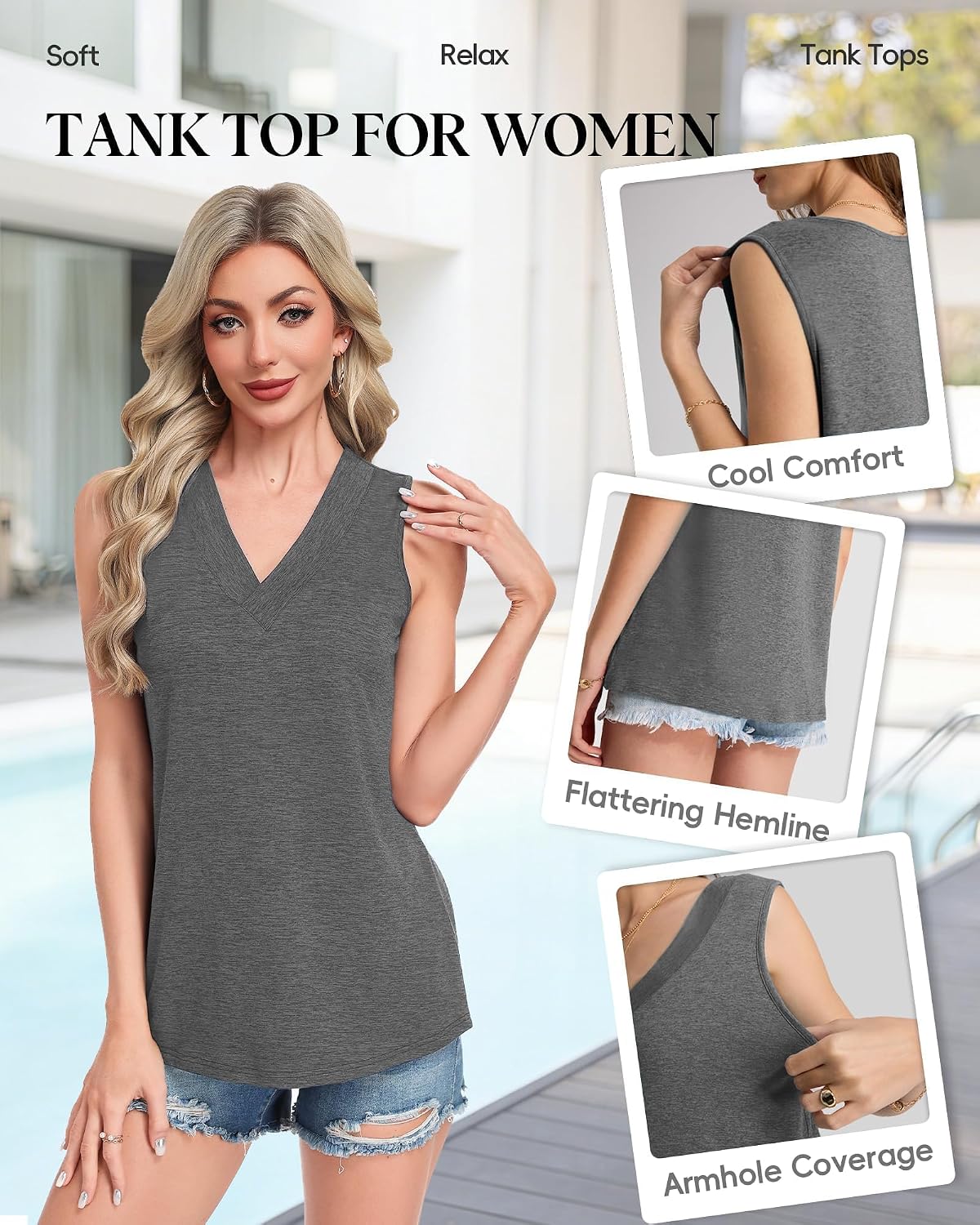 Detalle 2 de GAYHAY 3 Pack Tank Tops for Women – Sleeveless V Neck Loose Fit, Soft Stretchy Summer Tops (2026)