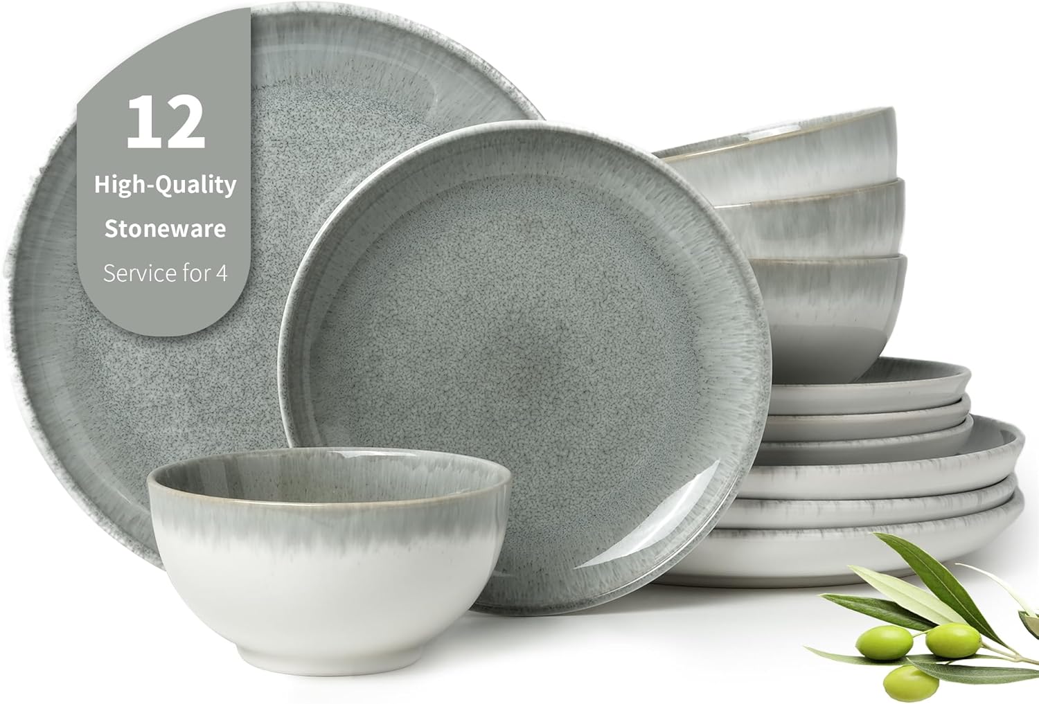 Detalle de Pokini Gradient Green Reactive Glaze Stoneware Dinnerware Set (12-Piece)