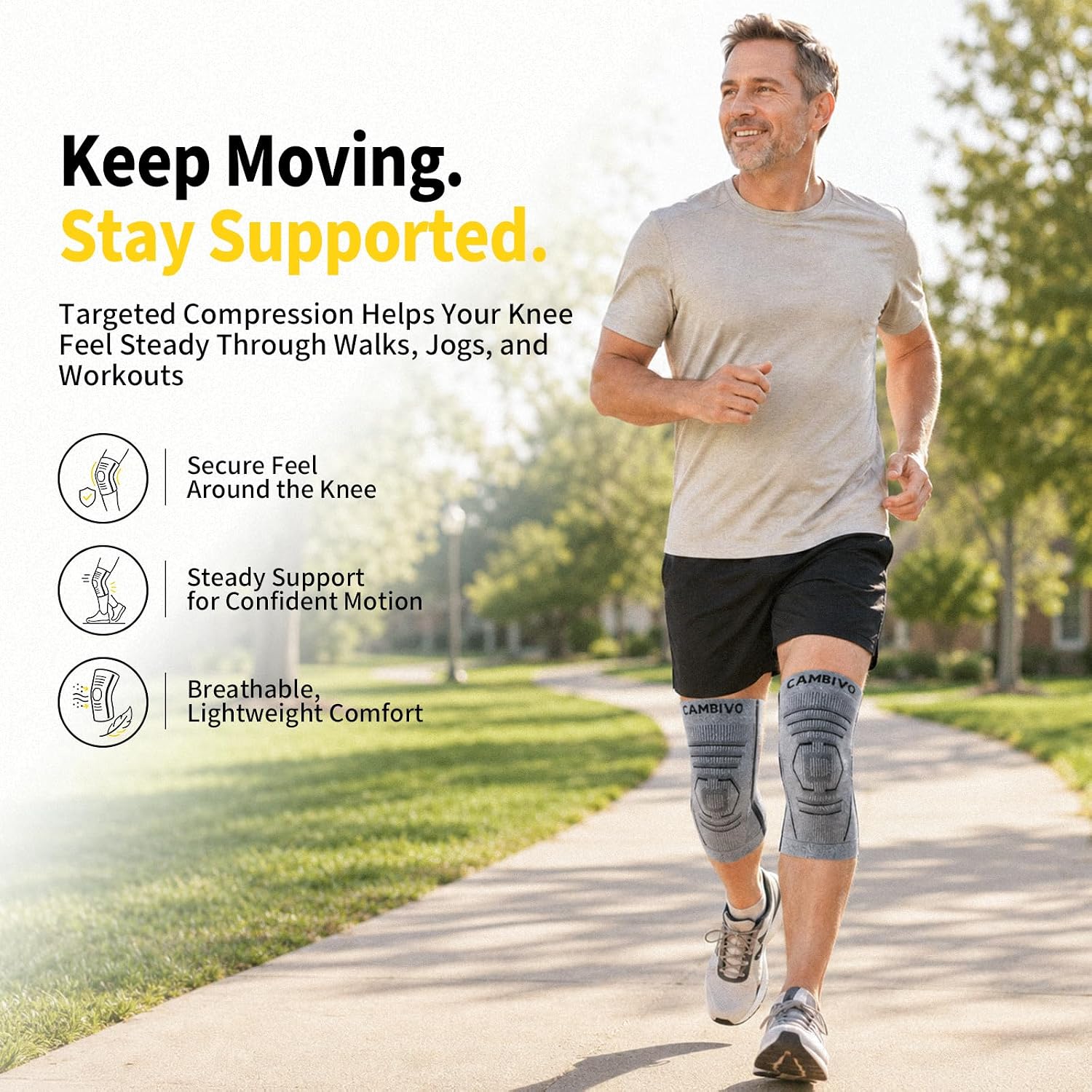 Detalle de CAMBIVO 2 Pack Knee Support with PMMA Side Stabilizers – Lightweight, Breathable Knee Brace for Running and Daily Wear