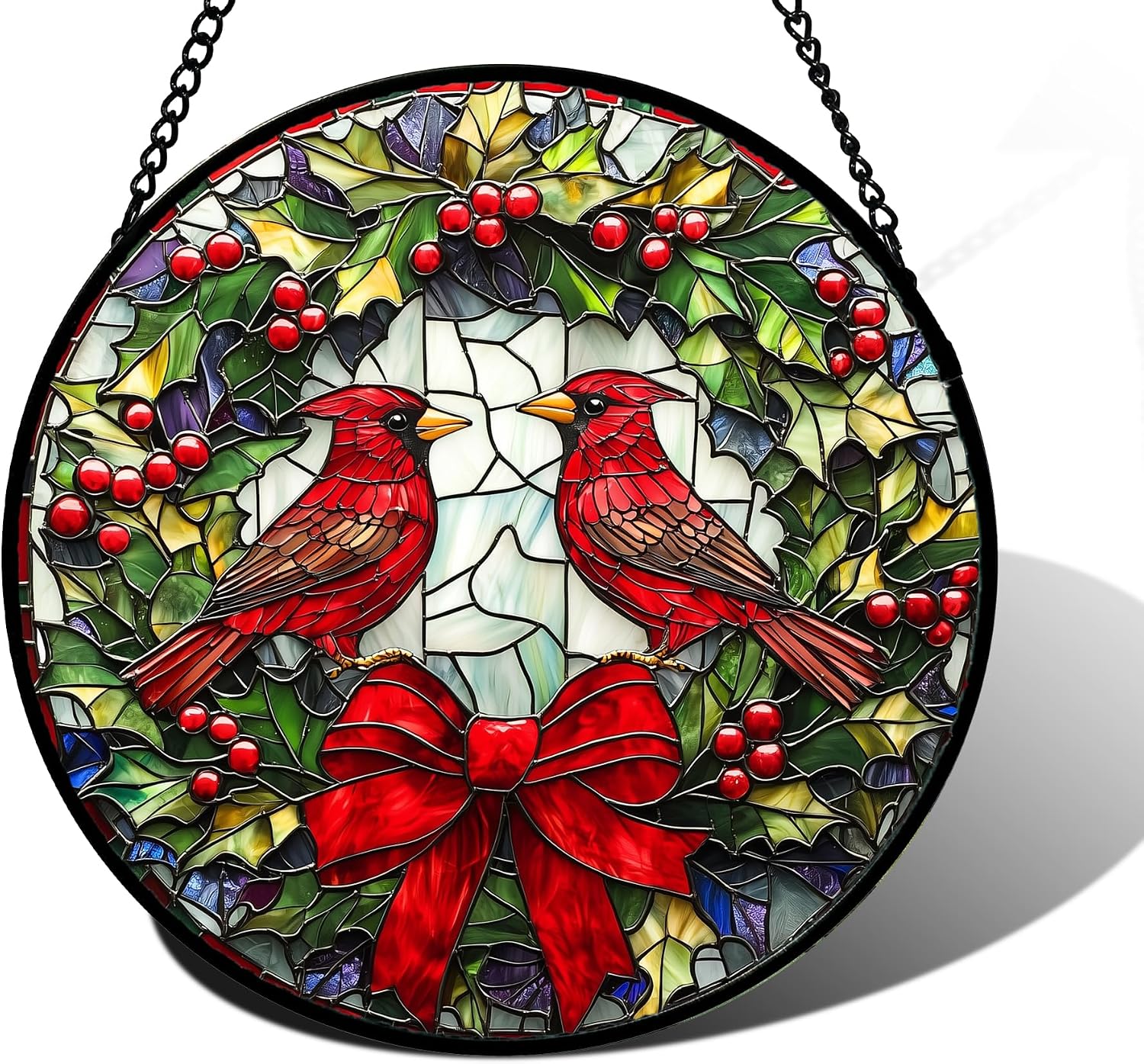 Detalle de DASTOLL Cardinals Green Wreath Glass Suncatcher, 6.3-Inch Window Hanging