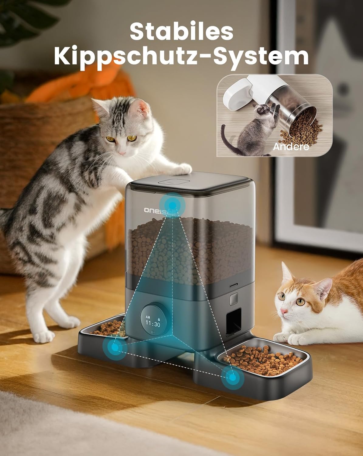 Thumbnail 6 de oneisall 5L Futterautomat für Katzen mit 2 Näpfen und 304-Edelstahl (bis zu 1–6 Mahlzeiten/Tag)