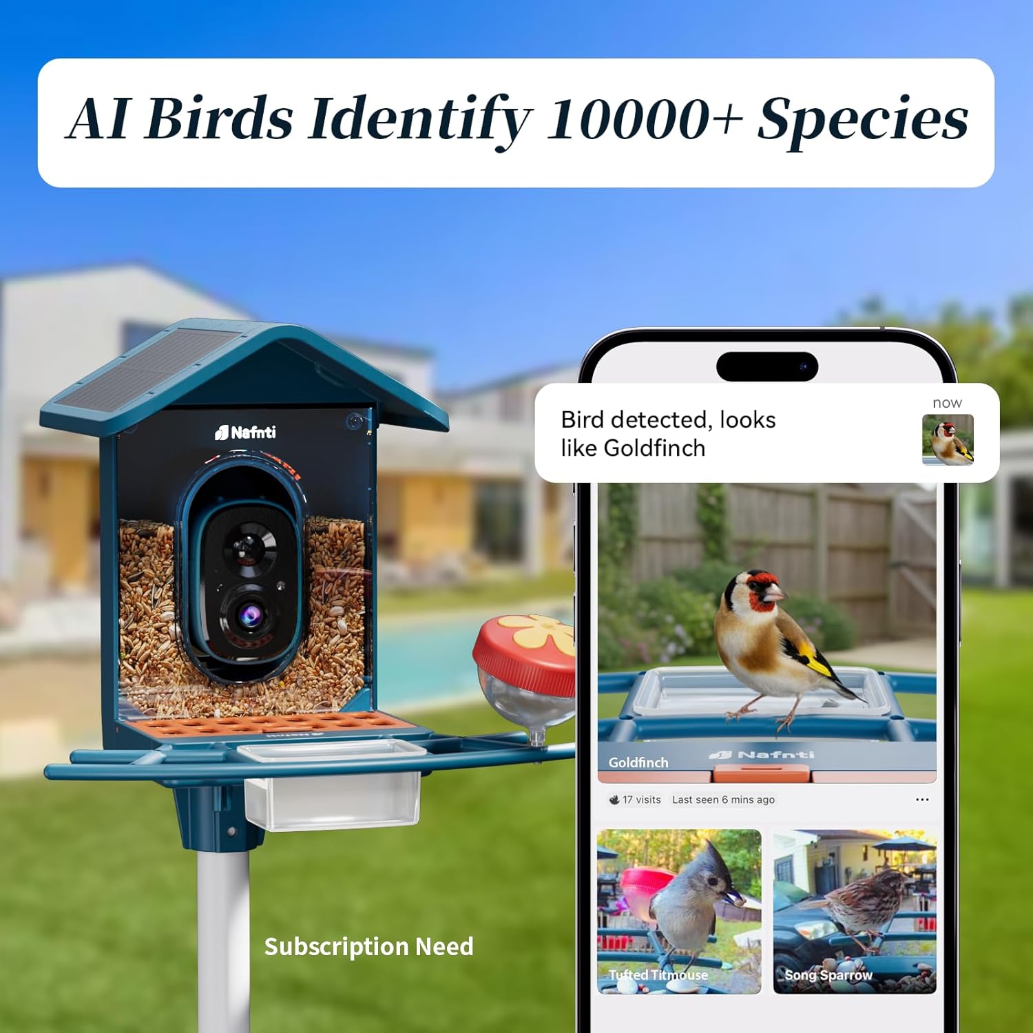 Thumbnail 2 de Nafnti Bird Feeder Camera: 2K HD solar-powered bird feeder camera with 2.4GHz/5GHz Wi‑Fi and AI bird ID
