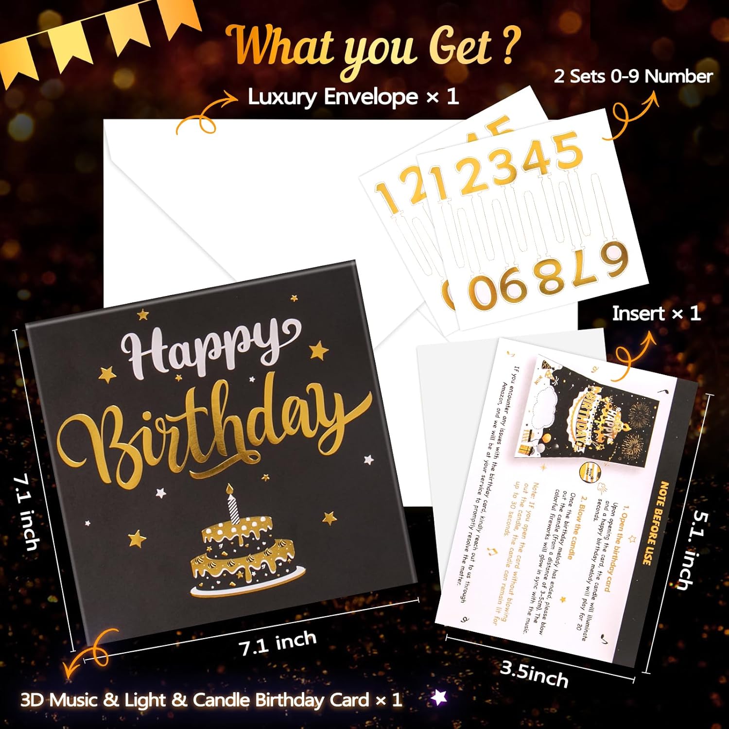 Detalle de Birthday Cards Pop-up MUSIC & LIGHTS & Blowable Candle (Black & Gold) – Pop-up birthday greeting with DIY numbers