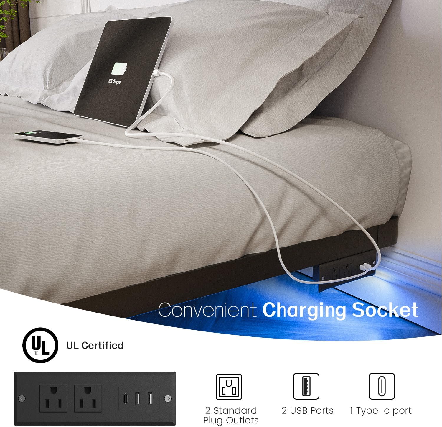 Detalle de OLEVS BF-F-005 Full Metal Platform Bed Frame with LED Lights and Charging Station