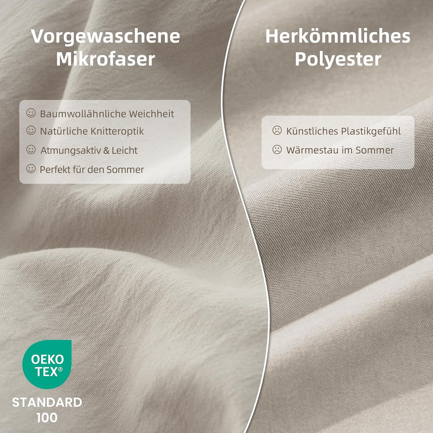 Thumbnail 1 de DuvetNova Bettwäsche 135x200 – 4-teilig, Leinen-Optik, Mikrofaser, Beige
