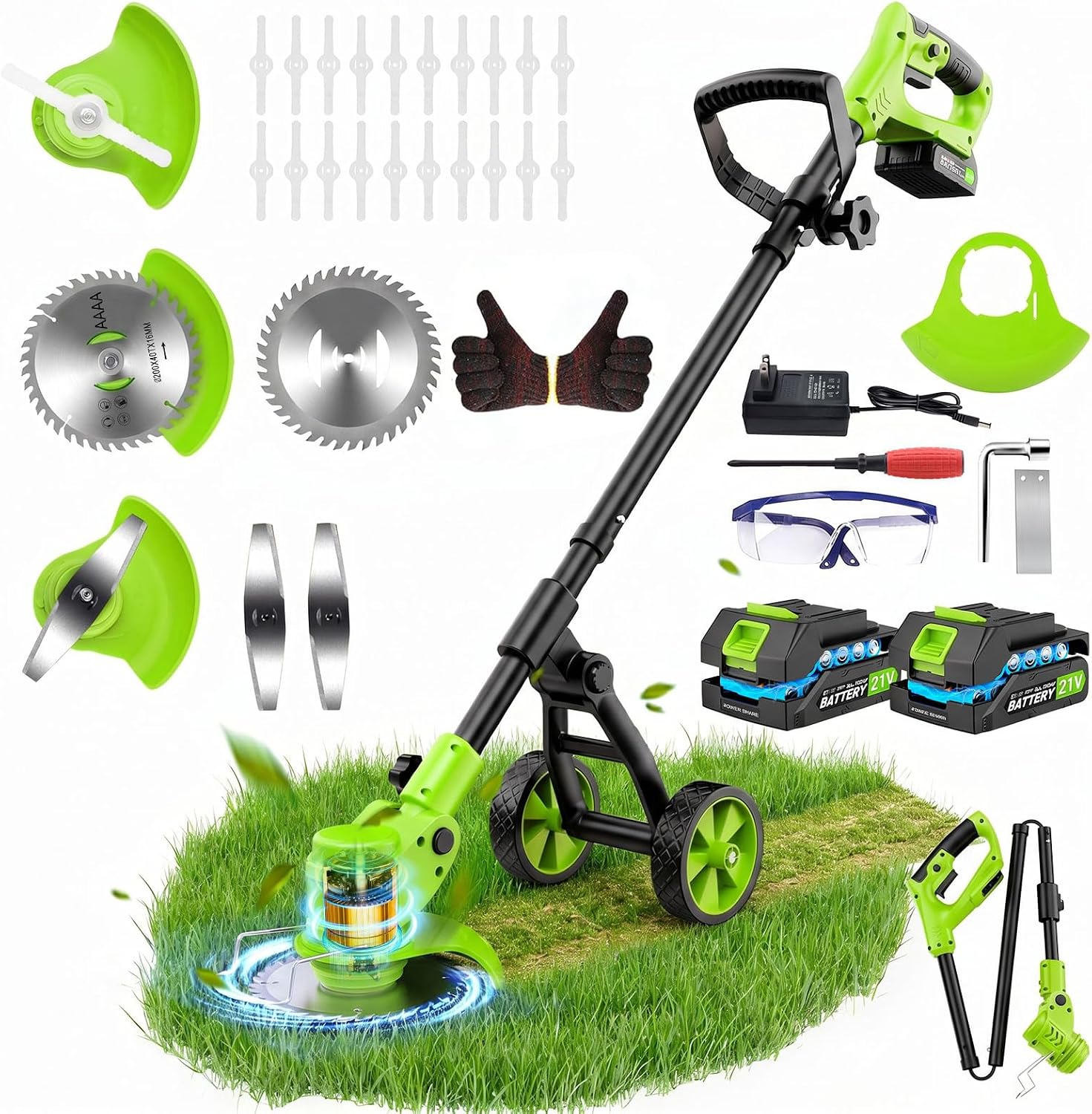 Detalle de Decespugliatore a Batteria da 21V telescopico con ruote rimovibili e 3 lame: versatilità senza fili per giardini medi