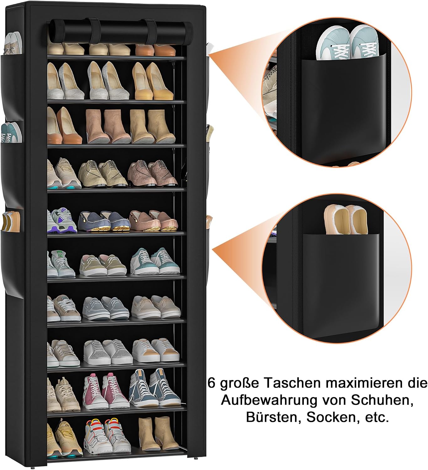 Detalle de OYREL schoenenrek met 11 niveaus, stofdichte hoes en ruimte voor 36–41 paar