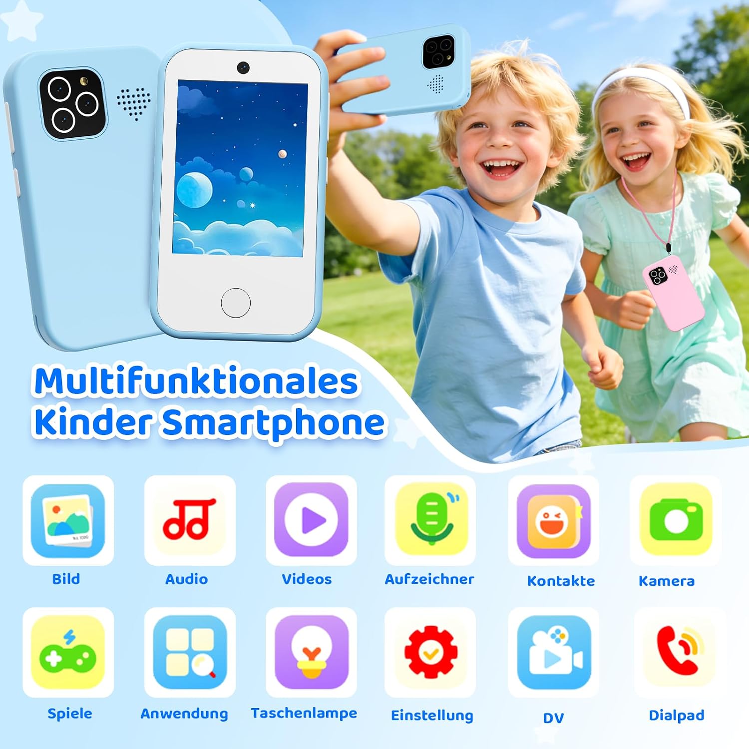 Detalle 2 de CHAKEYAKE Kinder Handy 4G Ohne Vertrag – Blau, Lernfunktionen, Dual Kamera, 3–9 Jahre