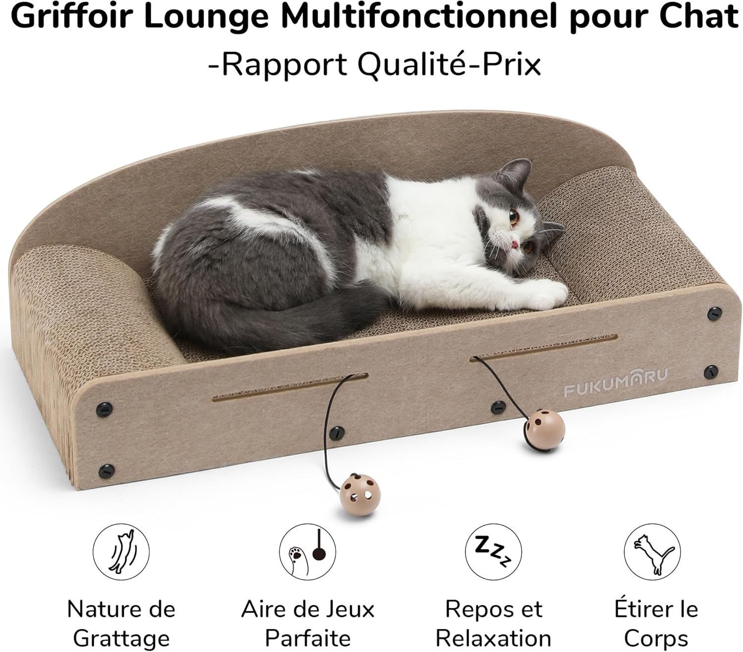 Thumbnail 1 de FUKUMARU Grattoir pour chat en carton 66 cm avec 2 griffoirs réversibles et balle cloche